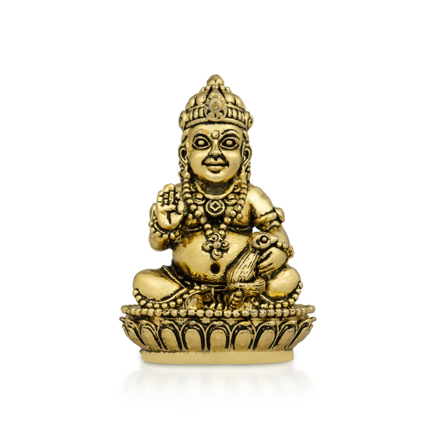 Kubera Statue Sitting On Base - 2 X 1 Inches | Antique Brass Idol/ Kuber Murti For Wealth And Prosperity