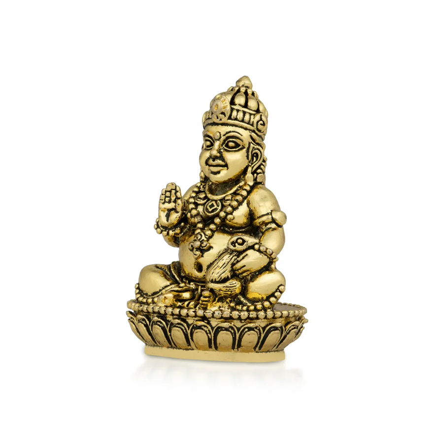 Kubera Statue Sitting On Base - 2 X 1 Inches | Antique Brass Idol/ Kuber Murti For Wealth And Prosperity