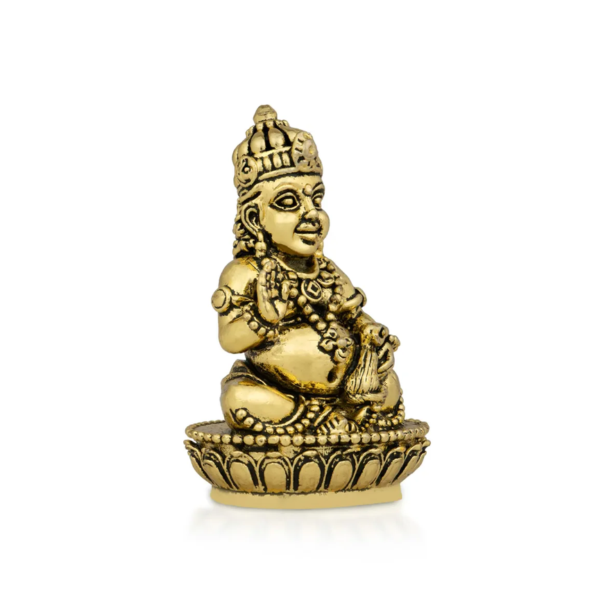 Kubera Statue Sitting On Base - 2 X 1 Inches | Antique Brass Idol/ Kuber Murti For Wealth And Prosperity