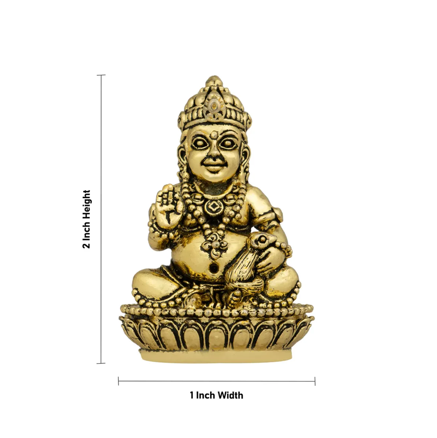 Kubera Statue Sitting On Base - 2 X 1 Inches | Antique Brass Idol/ Kuber Murti For Wealth And Prosperity
